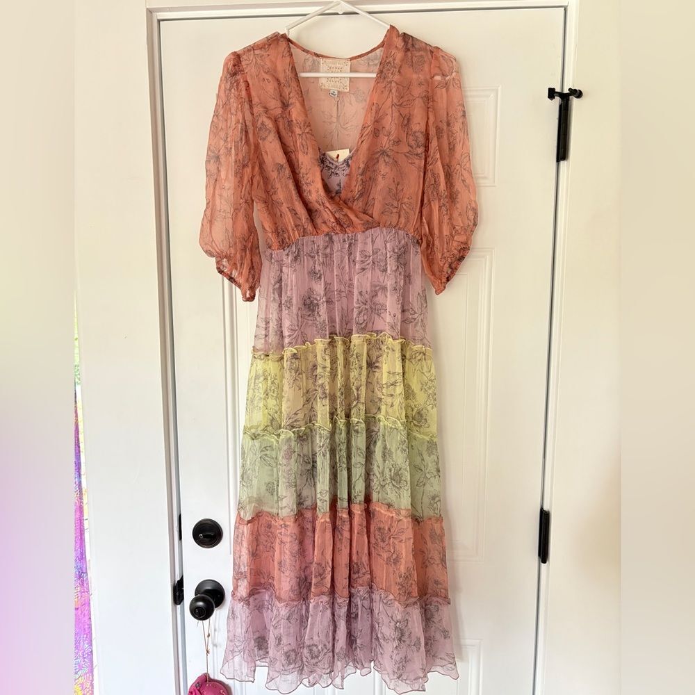 Johnny Was ‘Liza’ Pastel rainbow Floral Silk Midi ruffle Dress. NWT size XS